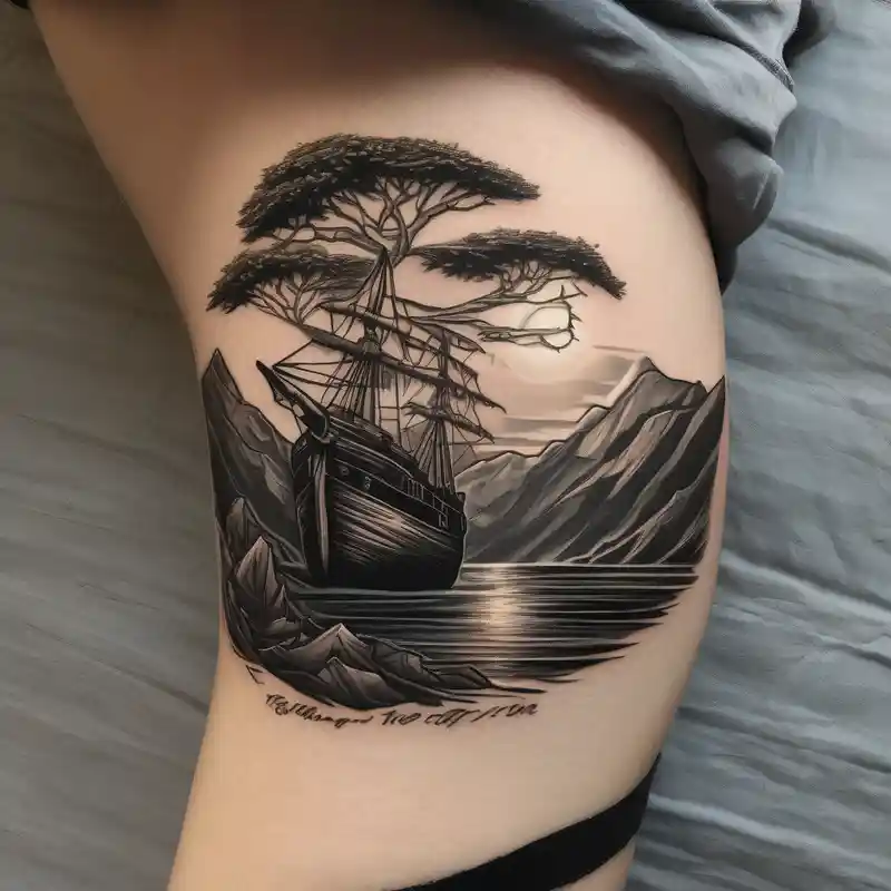 realistic style Ocean Tattoo Ideas in 2025 about tattoo that has an acacia tree with mountains and ocean with a ship wreck and the northern star hello kitty tattoo